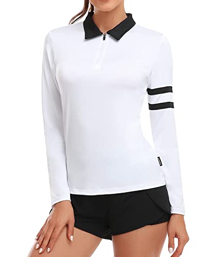 Soneven Poloshirt Damen Langarm Weiß Langarmshirt Damen Polohemd Sport Polo Sportshirt mit Kragen für Wandern Golf Angeln 1/4 Reißverschluss 40 von Soneven