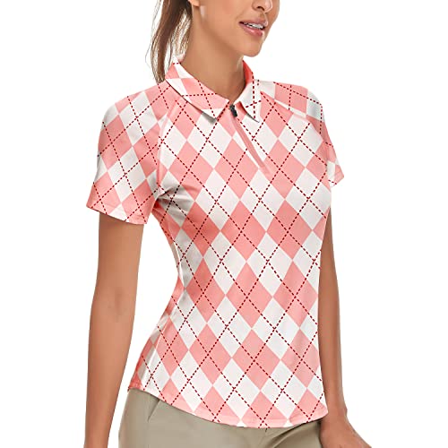 Soneven Poloshirt Damen Tailliert Karierte Bluse Kurzarm 1/4 Reißverschluss Atmungsaktiv Schnelltrocknend für Golf Tennis Freizeit von Soneven