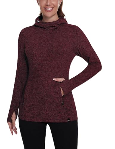 Soneven Rollkragen Pullover Damen Winter Kapuzenpullover Warm Fleece Pulli für Damen Sweatshirt Damen mit Kapuze Funktionsshirt mit Taschen Rot L von Soneven