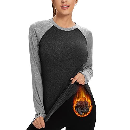 Soneven Sportshirt Damen Langarm Atmungsaktiv Funktionsshirt Damen Langarm Laufshirt Fleece Thermo Laufshirt Langarmshirts Pullover mit Daumenlöche Running Longsleeve Herbst Kontrastgrau M von Soneven