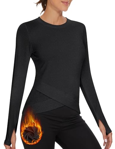 Soneven Thermo Funktionsshirt Damen Fleece Sportshirt Langarm Warm Sweatshirts Sport Oberteile Laufshirt Langarmshirts Kreuzsaum Mit Daumenlöcher(Schwarz, XXL) von Soneven