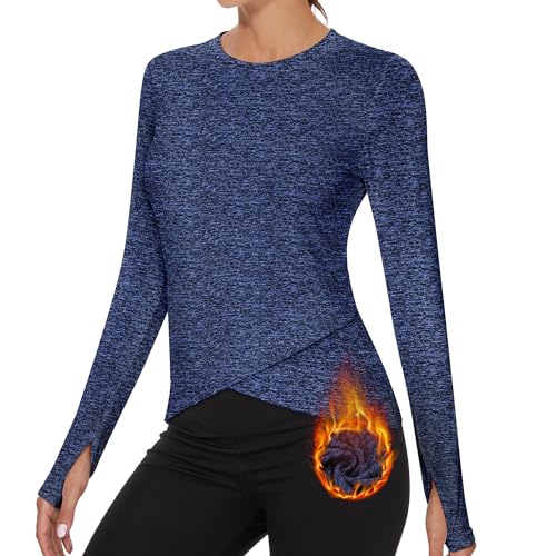 Soneven Thermoshirt Funktionsshirt Damen Langarm Wander Warm Tshirt Damen Fleece Crop Pullover Damen mit Cross Hem Laufshirt Blau S von Soneven