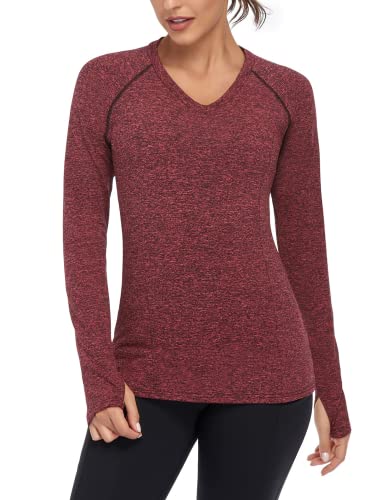 Soneven Thermoshirt Funktionsshirt Damen Langarm Winter Fleece Thermo Laufshirt Sportshirt Damen Langarm Warmer Pullover V Ausschnitt Frühling Langarmshirts Atmungsaktiv mit Daumenlöche V-Rot M von Soneven