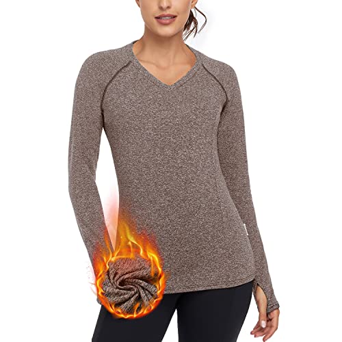 SonevenThermoshirt Damen Langarm Winter V Ausschnitt Damen Oberteil Laufshirt Funktionsshirt Damen Langarm Sport Langarmshirt Damen Warm Sportoberteile Atmungsaktiv mit Daumenlöche Braun XXL von Soneven