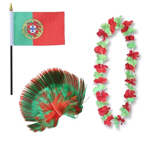 Sonia Originelli Fanset Fanartikel Fahne Perücke Blumenkette Hawaiikette WM EM Farbe: Portugal Iro von Sonia Originelli