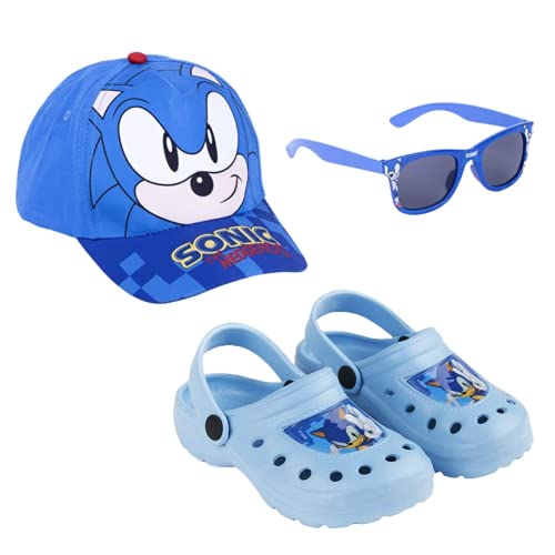 Sonic The Hedgehog Clogs Sonnenbrille und Hut für Jungen, Leichte Sandalen, Sonic Design Sommersandalen, UV-Schutz für Kinder, Größe EU 30/31 | Blau von Sonic The Hedgehog