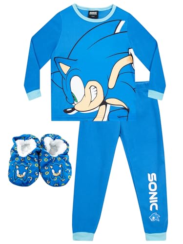 Sonic The Hedgehog Schlafanzug Und Hausschuhe Set | Sonic Schlafanzüge Für Jungen | Kinder Pyjama Jungen | Blau 128 von Sonic The Hedgehog