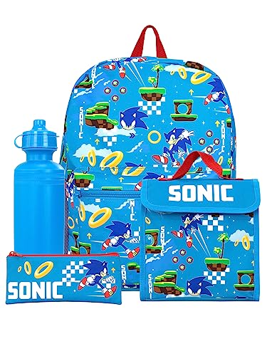 Sonic The Hedgehog Rucksack 3 Teilig | Schultasche, Lunchtasche, Trinkflasche, federmappe | kinderrucksack | Blau von Sonic The Hedgehog