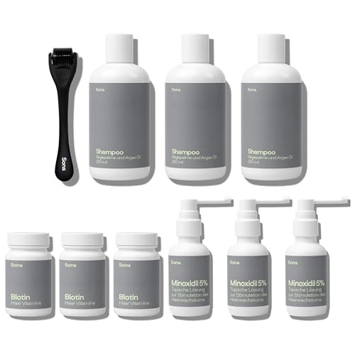 Sons Komplettbehandlung, Minoxidil 5%, Biotin & DHT blockierendes Shampoo + Derma Roller, Wachstumspflege bei Haarverlust & Ausdünnung für Männer, Begünstigt dichteres Nachwachsen - 3 Monate Sons Komplettbehandlung, Minoxidil 5%, Biotin & DHT blockierendes Shampoo + Derma Roller, Wachstumspflege bei Haarverlust & Ausdünnung für Männer, Begünstigt dichteres Nachwachsen - 3 Monate von Sons