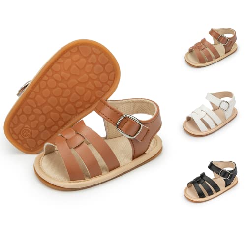 Sonsage Säugling Baby Mädchen Jungen Sommer Sandalen Neugeborene Schleife Krippe Sandale Outdoor Strand Kleinkind PU Leder Weiche Gummisohle Kleid Flache Lauflernschuhe, B01 Braun, 12-18 Monate von Sonsage