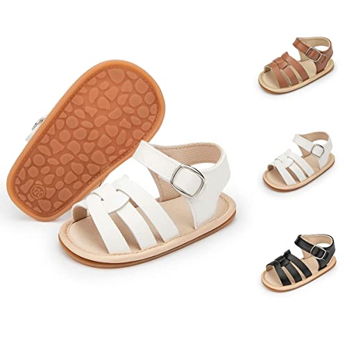 Sonsage Säugling Baby Mädchen Jungen Sommer Sandalen Neugeborene Schleife Krippe Sandale Outdoor Strand Kleinkind PU Leder Weiche Gummisohle Kleid Flache Lauflernschuhe, B01 Weiß, 6-12 Monate von Sonsage