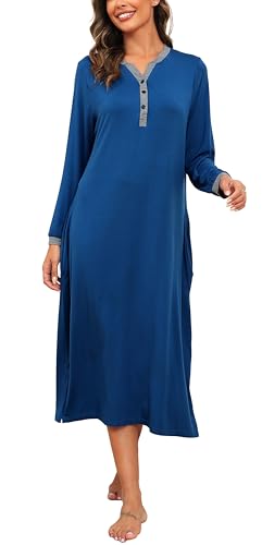 Sopesil Damen Nachthemd Lang Nachthemden Knopfleiste Frauen Langarm Modal Nachtwäsche V-Ausschnitt Pyjama Damen Sleepwear B-Navy Blau,M von Sopesil