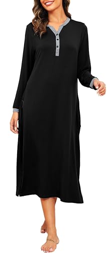 Sopesil Damen Nachthemd Lang Nachthemden Knopfleiste Frauen Langarm Modal Nachtwäsche V-Ausschnitt Pyjama Damen Sleepwear B-Schwarz,M von Sopesil