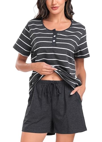 Sopesil Damen Schlafanzug Kurze Ärmel Damen Pyjamas Baumwolle Gestreift Pyjama Sets mit Taschen Nachtwäsche weich Gemütlich Lounge Wear für Frauen,Dunkelgrau,M von Sopesil