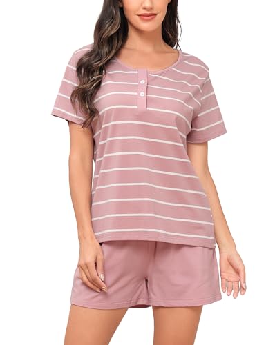 Sopesil Damen Schlafanzug Kurze Ärmel Damen Pyjamas Baumwolle Gestreift Pyjama Sets mit Taschen Nachtwäsche weich Gemütlich Lounge Wear für Frauen,Rosa,XL von Sopesil