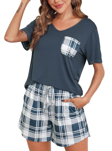 Sopesil Damen Schlafanzug Kurze Ärmel Damen Pyjamas Modal Kariert Pyjama Sets mit Taschen Nachtwäsche weich Gemütlich Lounge Wear für Frauen, Blau, XXL von Sopesil