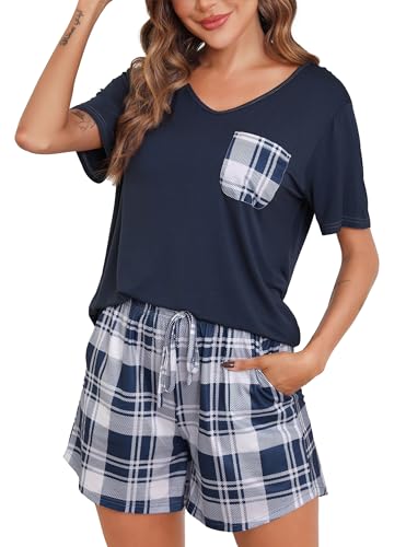 Sopesil Damen Schlafanzug Kurze Ärmel Damen Pyjamas Modal Kariert Pyjama Sets mit Taschen Nachtwäsche weich Gemütlich Lounge Wear für Frauen, Marineblau, S von Sopesil