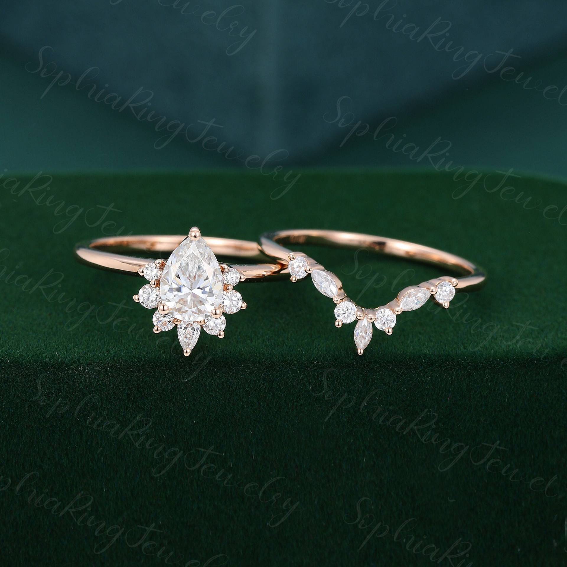 Birne Moissanit Verlobungsring Set Massiv 14K Rosegold Vintage Marquise Diamant Hochzeit Braut Jahrestag Geschenk Für Frauen von SophiaRingJewelry