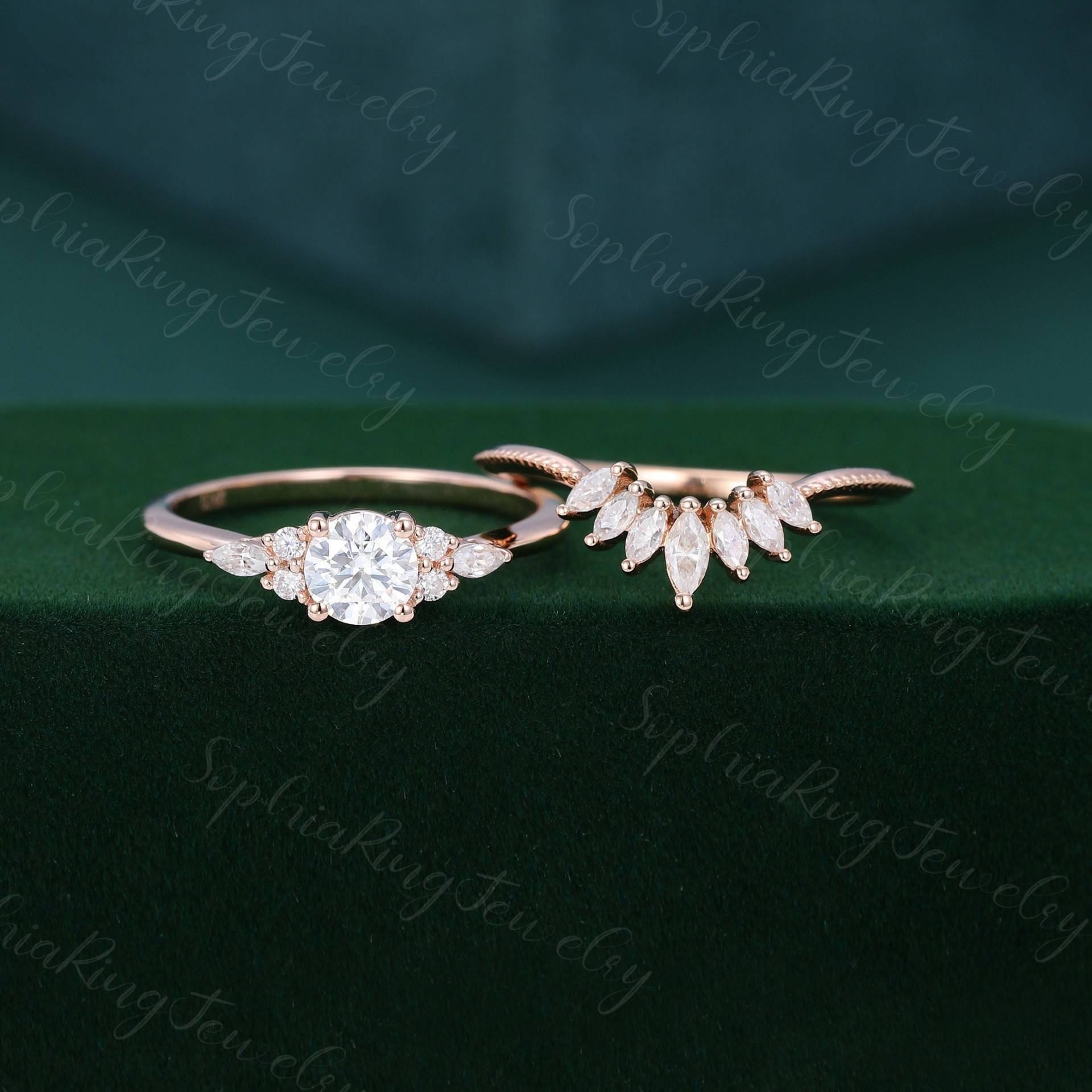 Rosegold Verlobungsring Frauen Set Moissanit Vintage Unikat Marquise Diamant Gewölbt Ehering Braut Jahrestag Geschenk von SophiaRingJewelry