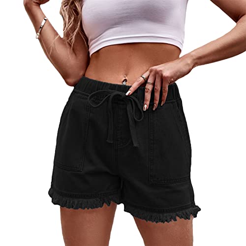 SotRong Jeans-Shorts mit ausgefranstem Saum für Damen, hohe elastische Taille, gerissene Fransen, Jeans, Shorts, einfarbig, Kordelzug, lockere Sommer-Shorts mit Taschen, Übergröße, Schwarz , Medium von SotRong