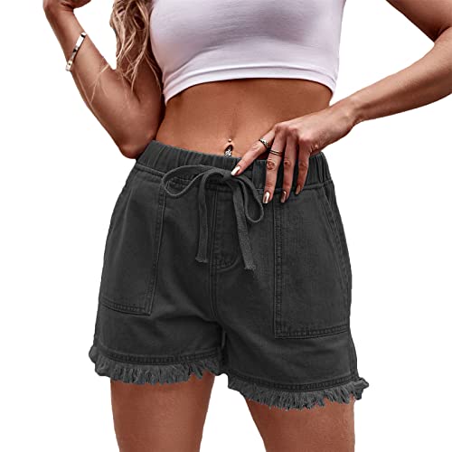 SotRong Jeans-Shorts mit ausgefranstem Saum für Damen, hohe elastische Taille, gerissene Fransen, Jeans, Shorts, einfarbig, Kordelzug, lockere Sommer-Shorts mit Taschen, Übergröße, grau, XXL Große von SotRong