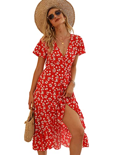 SotRong Sommer-Wickelkleider mit V-Ausschnitt, für Damen, Blumendruck, Boho-Sommerkleid, kurze Ärmel, Rüschensaum, A-Linie, Bohemian-Stil, Chiffon, Maxikleider, rot, Medium von SotRong