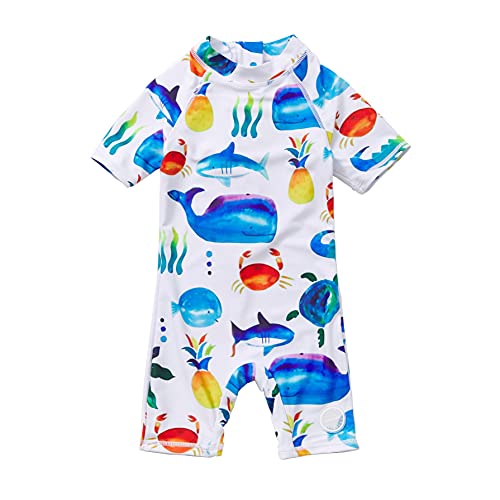 Soui BONVERANO Baby Junge EIN stück Kurzärmel-Kleidung UV-Schutz 50+ Badeanzug MIT Einem Reißverschluss (Weißes Tier, 3-6) von Soui