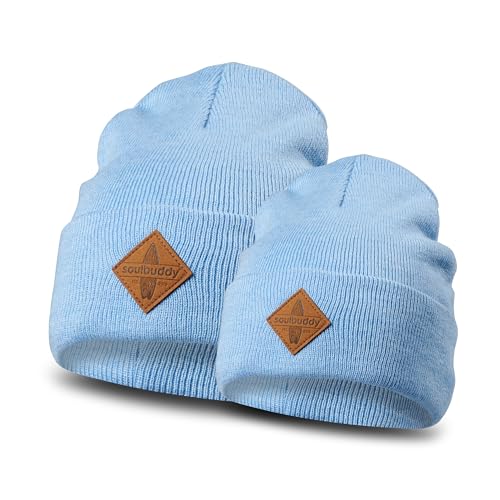 Soulbuddy Beanie - 2er Set Hellblau Melange | Partnerlook-Set | 1 Herren oder Damen Wintermütze (One Size - 54-62 cm) und 1 Kinder Strickmütze (Größe L - 49-54 cm) von Soulbuddy