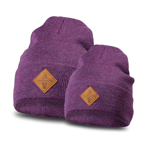 Soulbuddy Beanie - 2er Set Lila Melange | Partnerlook-Set | 1 Herren oder Damen Wintermütze (One Size - 54-62 cm) und 1 Kinder Strickmütze (Größe S - 40-45 cm) von Soulbuddy