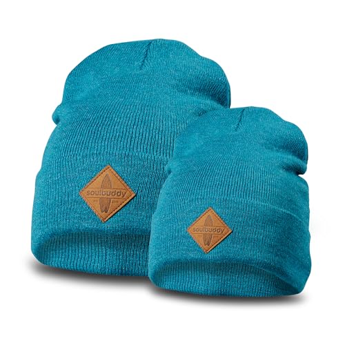 Soulbuddy Beanie - 2er Set Petrol Melange | Partnerlook-Set | 1 Herren oder Damen Wintermütze (One Size - 54-62 cm) und 1 Kinder Strickmütze (Größe M - 45-49 cm) von Soulbuddy