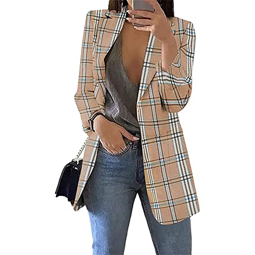 Soulolo Blazer Damen Elegant Damenjacke Longblazer Business Lang Jacke Slim Jacke Mantel Damen Cardigan Anzüge Bedruckter Anzug, B Khaki, XL von Soulolo