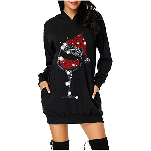 Christmas Hoodie Kleid Damen， Weihnachtspullover Weihnachtskleider Hoodie Weihnachtspullover Damen Rentier Print Kapuzenpullover Kleid Langes Weihnachtskleid mit Taschen Kapuzenpulli von Soupliebe