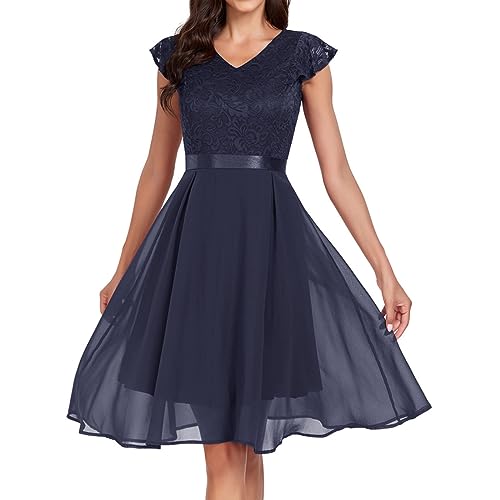 Damen Abendkleider Elegant Spitzenkleid Chiffon Abendkleider Hochzeitskleider Rockabilly Wickelkleid Standesamt Brautkleid Cocktailkleid Partykleid Ballkleid V Ausschnitt Dress Hochzeit, Blau von Soupliebe