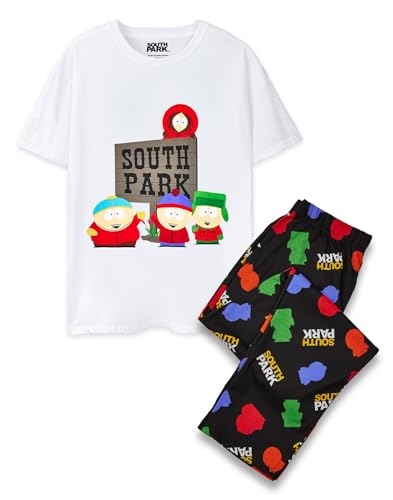 South Park Pyjama-Set für Herren | Erwachsene Weißes kurzärmeliges grafisches T-Shirt und schwarze Allover-Print-Unterhosen mit langem Bein Pyjamas | Cartman Kenny Cartoon-Merchandise-Geschenk für Ihn von South Park