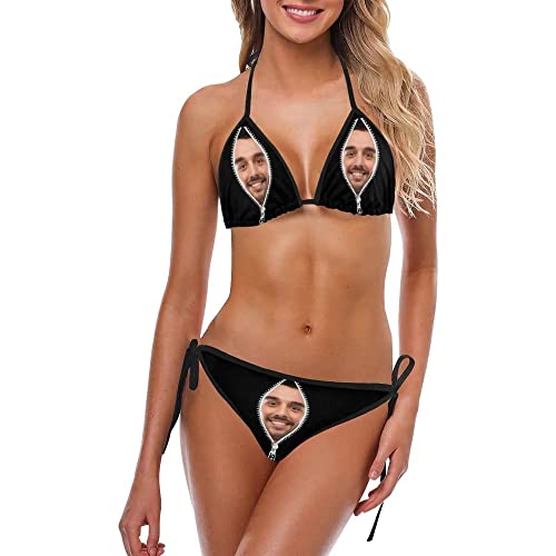 Bikini Badeanzug Damen Personalisiert mit Gesicht Foto Sexy Zweiteiliger Push Up Badeanzug Sommer Geschenk für Frauen Ehefrau XS - 5XL (L, Schwarz) von Soview