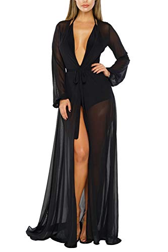 Damen Sexy dünnes Netzkleid mit langen Ärmeln, zum Binden vorne, Badeanzug, Strand, Maxi-Kleid, Schwarz, Large von Sovoyontee