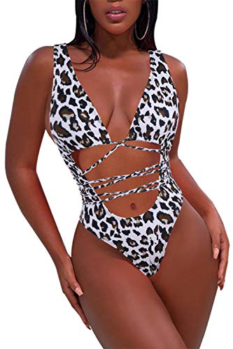 Sovoyontee 2024 Sexy freche einteilige Damen-Badeanzüge, hoch geschnittener Tanga-Bikini, Badeanzug, Monokini, Weißes Leopardenmuster, Large von Sovoyontee