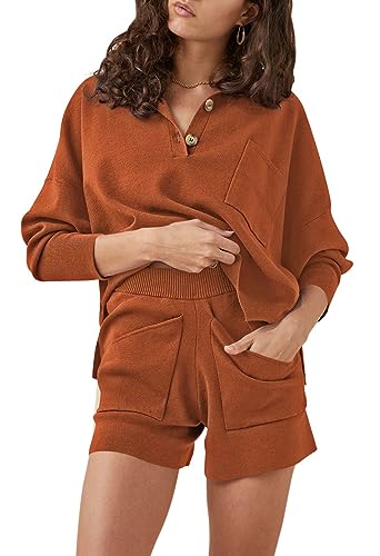 Sovoyontee Damen 2-Teilige Outfits Knopf Loungewear Langarm Top Shorts Strickpullover Lounge Sets Schlafanzug Braun S von Sovoyontee