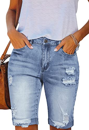 Sovoyontee Damen Bermuda Denim Shorts Gerissen Mid-High Taille Frayed Hose Notleidend Manschette Saum Jean Hellblau S von Sovoyontee