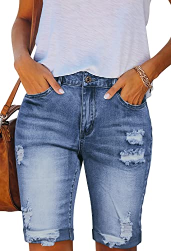 Sovoyontee Damen Bermuda Denim Shorts Gerissen Mid-High Taille Frayed Hose Notleidend Manschette Saum Jean Tiefblau M von Sovoyontee