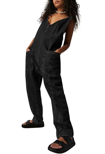 Sovoyontee Damen Casual Lose Ärmellose High Wais Jumpsuits 2024 Sommer Jeans Jumpsuits Mit Taschen Schwarz XL von Sovoyontee