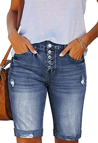 Sovoyontee Damen Denim Frayed Shorts Gerissen Notleidend Mid-High Waist Bermuda Hose Manschette Saum Jean Tiefblau XL von Sovoyontee