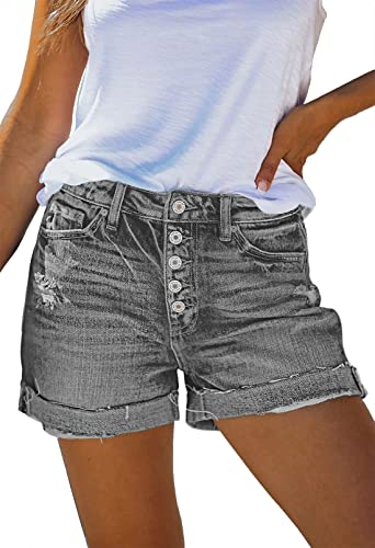 Sovoyontee Damen Hohe Taille Ausgefranste Denim Kurze Hose Zerrissener Destroyed Jeans Distressed Hot Pants Grau M von Sovoyontee