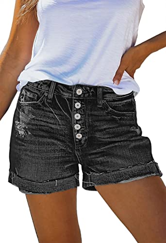 Sovoyontee Damen Hohe Taille Ausgefranste Denim Kurze Hose Zerrissener Destroyed Jeans Distressed Hot Pants Schwarz M von Sovoyontee