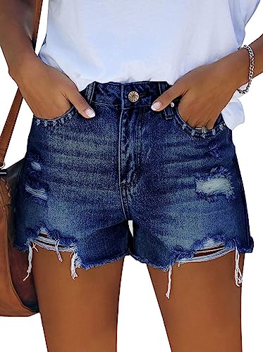 Sovoyontee Damen Hohe Taille Denim Shorts Lässig Ripped Sommer Hot Pants Frayed Distressed Jeans Taschen Blau M von Sovoyontee