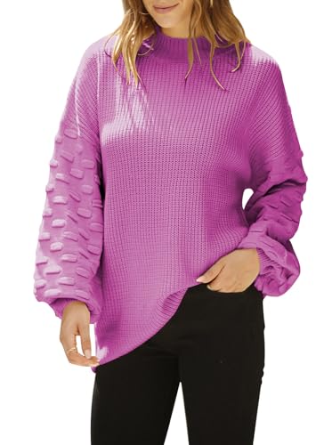 Sovoyontee Damen Niedlicher Oversized Rundhalsausschnitt Lose Puffärmel Grobstrick Pullover Sweater, hellviolett, Klein von Sovoyontee