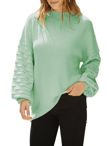 Sovoyontee Damen Herbst Oversized Rundhalsausschnitt Lange Puffärmel Grobstrick Pullover Pullover Tops, Hellgrün, X-Groß von Sovoyontee