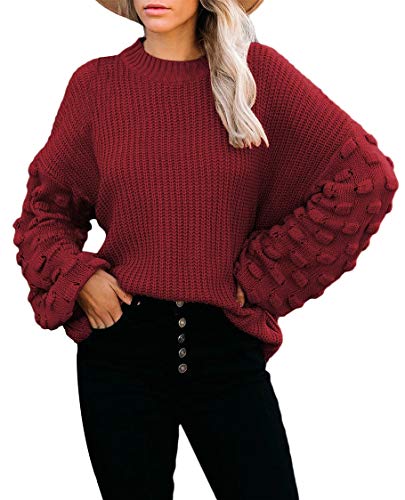 Sovoyontee Niedlicher Übergroßer Damen-Pullover mit Rundhalsausschnitt, lockere Puffärmel, Grobstrick, rubinrot, X-Groß von Sovoyontee