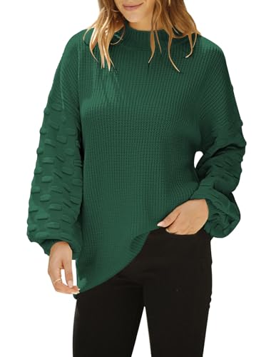 Sovoyontee Niedlicher Übergroßer Damen-Pullover mit Rundhalsausschnitt, lockere Puffärmel, Grobstrick, Dunkelgrün, Klein von Sovoyontee