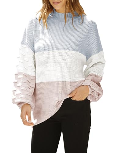 Sovoyontee Damen Herbst Oversized Rundhalsausschnitt Lange Puffärmel Grobstrick Pullover Pullover Tops, Stripe1 | Grau-weiß-Aprikose, Klein von Sovoyontee